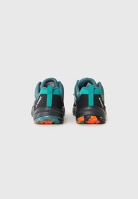 Ein Paar türkisfarbene und schwarze Terrex Trailrunningschuhe mit orangefarbenen und schwarzen Sohlen, von hinten auf einem weißen Hintergrund betrachtet.
