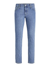 Jeans de mezclilla azul claro con una silueta ajustada, cierre de cremallera y diseño de cinco bolsillos. Presenta costuras de contraste y una cintura de altura media.