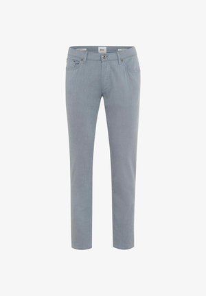 Hellblaue Slim-Fit-Hose mit vorderer Knopfleiste, Gürtelschlaufen und Fünf-Taschen-Design, präsentiert vor weißem Hintergrund.