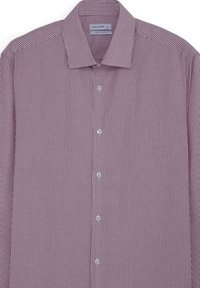 Rot und weiß gestreifte Hemdbluse, normale Passform, mit einem spitzen Kragen und sechs weißen Knöpfen auf der Vorderseite. Weiche Stofftextur.