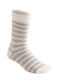 Stricksocken in Beige mit einem Rautenmuster in Hellbraun. Ausstattung mit einem gerippten Bündchen und einer weichen Textur. Empfohlen für die Verwendung bei kaltem Wetter.