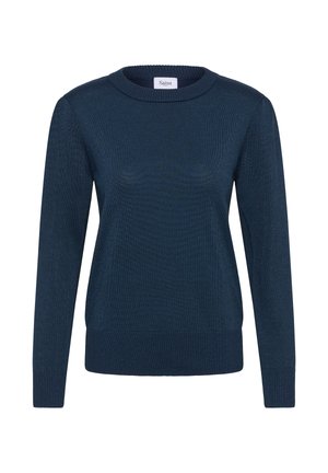 Granatowy sweter dzianinowy z żeberkowym okrągłym dekoltem, długimi rękawami i żeberkowym wykończeniem. Miękka faktura i dopasowany krój.