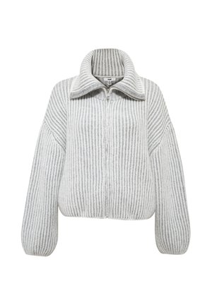 Gray-striped zip-up jacket with a collared neckline, oversized sleeves, and a ribbed texture. Made from soft knit material.