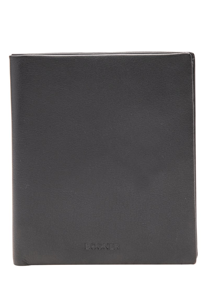 Black leather wallet, bi-fold design, textured finish, embossed logo on front, double-stitching on edges, square shape with smooth interior.