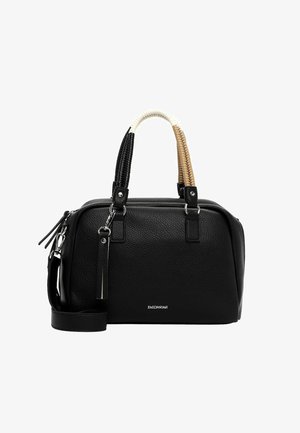 Czarna torebka ze skóry z teksturą, z trzema kolorowymi, plecionymi uchwytami w kolorze czarnym, białym i beżowym, srebrnymi elementami oraz odpinanym paskiem na ramię.