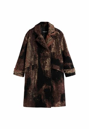 Oversized, textured coat in black, brown, and rust hues with a patterned design, wide lapels, and rolled sleeves. Front pockets included.