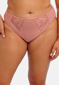 Culotte de bikini rose pâle en maille transparente avec broderie florale sur le devant. Le design présente une coupe modérée avec une texture lisse.