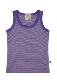 Lila Tanktop mit horizontalen weißen Streifen, ausgestattet mit einem runden Ausschnitt und einem bunten Etikett an der Seite. Hergestellt aus weichem, atmungsaktivem Stoff.