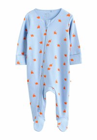 Blue baby onesie made from soft fabric, featuring orange dinosaur prints. Includes long sleeves, footed bottoms, and a front zipper closure.