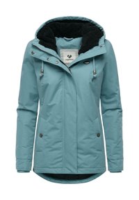 Turquoise waterproof jacket with a black fleece-lined hood, zip front, snap closures, and two side pockets. Features adjustable drawstrings.