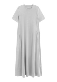 Rochie midi gri deschis, cu mâneci scurte, decolteu rotund și buzunare pe cusăturile laterale, realizată dintr-un material moale și fluid.