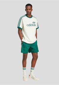 Hvid mesh t-shirt med grønne accenter, der har Adidas-logoet. Sammen med grønne shorts og hvide sko med røde accenter og stribede sokker.