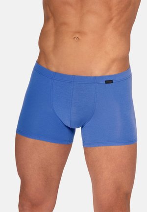 Männlicher Oberkörper, der eng anliegende blaue Boxershorts trägt, mit sichtbarem definiertem Bauch und oberen Oberschenkeln vor einfachem Hintergrund.