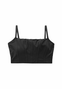 Sort cropped top med tynde stropper, der har en tætsiddende pasform, horisontale plisseringer og glat tekstur. Ingen synlig hardware eller mønstre.