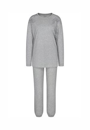Set di loungewear in cotone grigio composto da una maglietta a maniche lunghe con ricamo floreale su un lato e pantaloni abbinati con orlo elastico.