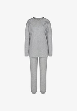 Set di loungewear in cotone grigio composto da una maglietta a maniche lunghe con ricamo floreale su un lato e pantaloni abbinati con orlo elastico.
