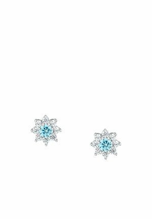 Silberne, blumenförmige Ohrstecker mit einem zentralen hellblauen Edelstein, umgeben von kleineren klaren Edelsteinen.