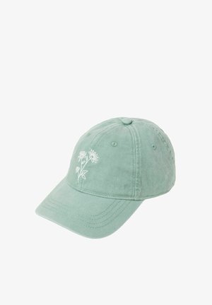 Light green baseball cap with curved brim and white embroidered flower design on front panel.