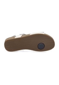 Brown rubber sole with a zigzag pattern; cork footbed; white adjustable straps; grey accent detailing. Designed for comfort and support.