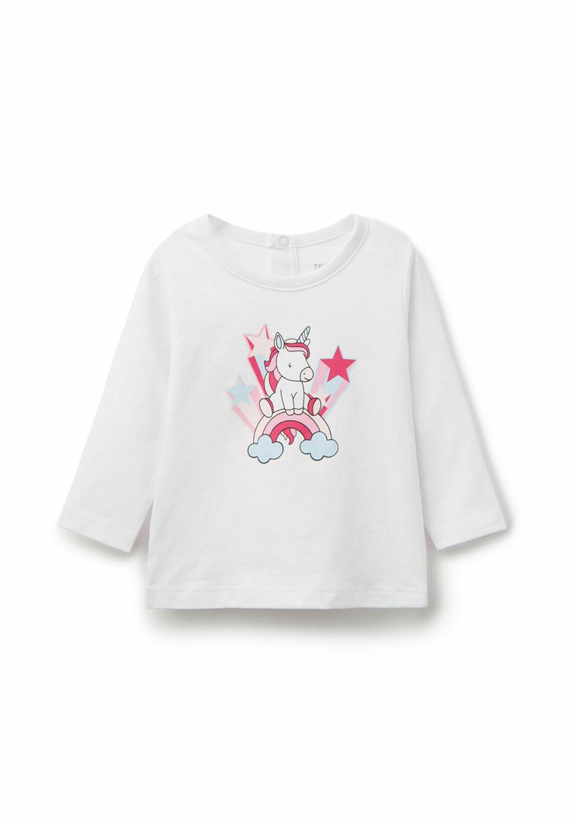Bílá bavlněná košile s dlouhým rukávem, na které je potisk jednorožce, duhy a barevných hvězd. Měkká textura s kulatým výstřihem a uzávěrem na zádech na druk.