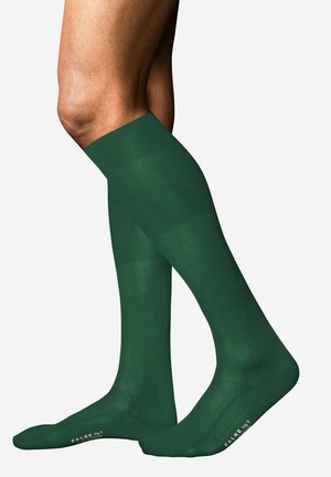Jambes portant des chaussettes de compression vert foncé jusqu'au genou avec un marquage visible sur les orteils sur fond blanc.
