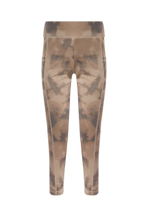 Leggings a vita alta con effetto tie-dye in tonalità beige e marrone, dotati di tasche laterali e cuciture visibili lungo le gambe.