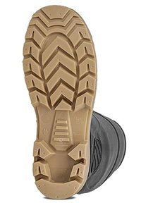 Botte noire avec un dessus texturé et une semelle extérieure en caoutchouc à motifs. La semelle présente un motif de bande de roulement en zigzag et des marquages de marque.