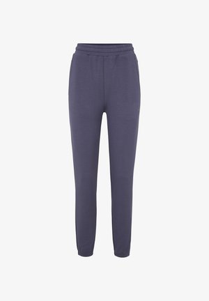 Dark gray jogger pants with an elastic waistband, tapered legs, side pockets, and a smooth texture. Suitable for casual wear.