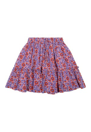 Korte paarse rok met rood- en blauw bloemmotief en gerimpelde zoom, elastische tailleband en geplooide stoftextuur.
