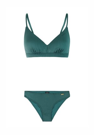 Grünes, geripptes Bikini-Set mit verstellbaren Spaghettiträgern am Oberteil und klassischen Bikinihöschen mit kleinem Markenlabel.