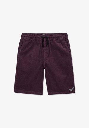 Paarse corduroy korte broek met elastische tailleband, zwarte koordsluiting, zijzakken en een klein wit logo onderaan de zoom.