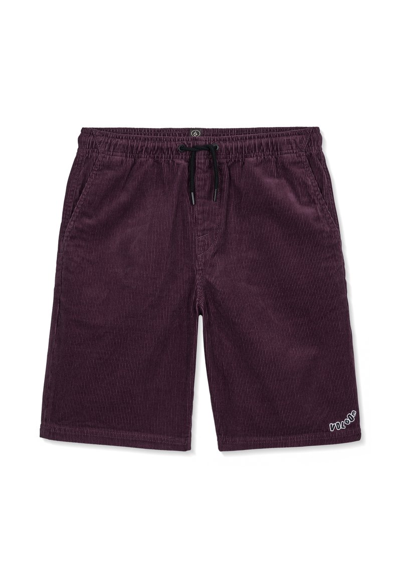 Shorts en velours côtelé violet avec taille élastique, cordon de serrage noir, poches latérales et petit logo blanc sur l'ourlet inférieur.