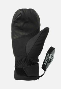 Czarne rękawiczki z skórzaną dłonią i tekstylnym korpusem, elastyczną mankietą z paskiem na rzep, oraz pętelką z tkaniny oznaczoną "Millet."