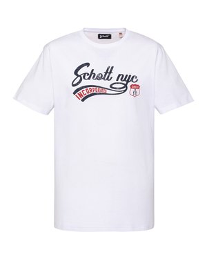 Weißes T-Shirt mit kurzen Ärmeln und dem Text „Schott nyc Incorporated Since 1913“ in Schwarz und Rot auf der Vorderseite.