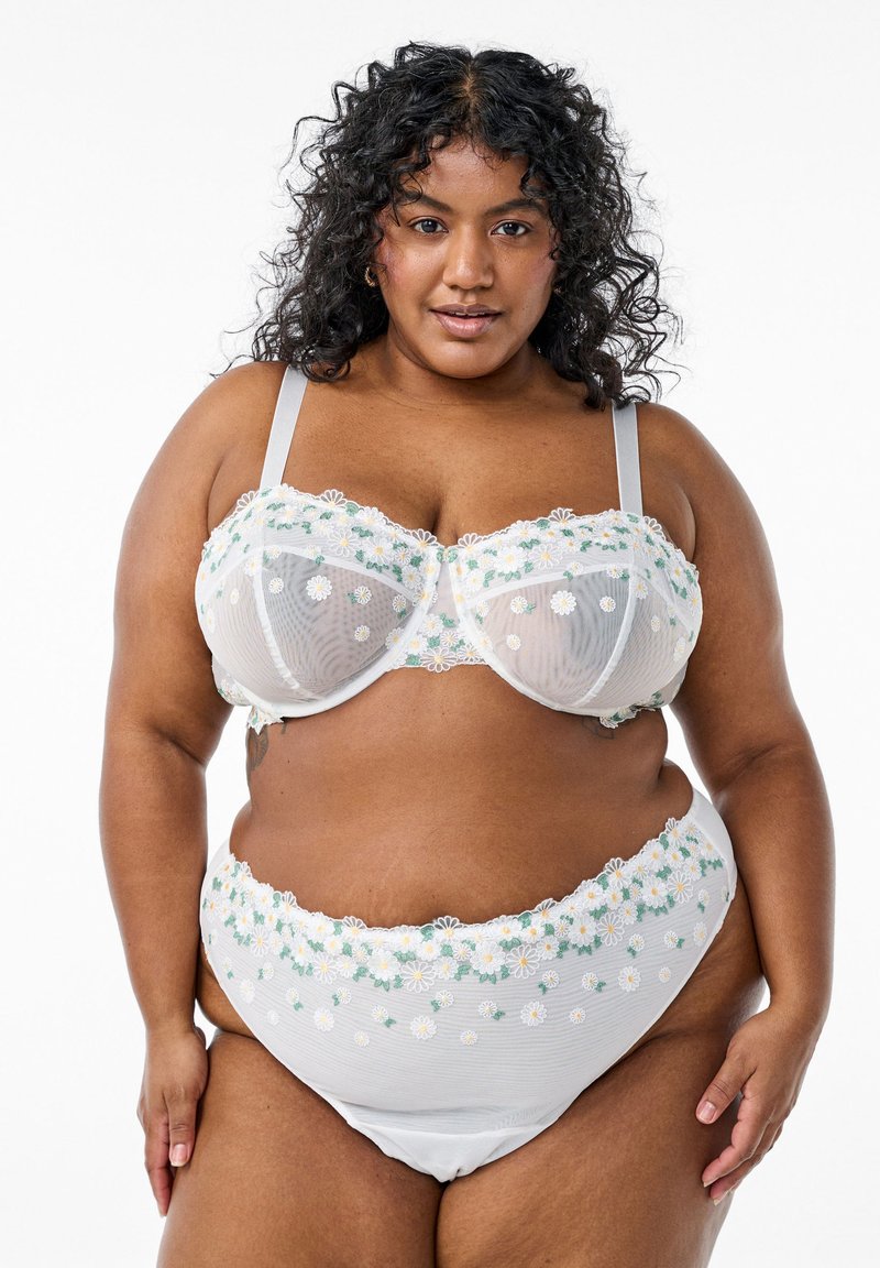 White lace bra and high-waisted underwear set featuring floral embroidery in yellow and green. Soft mesh material, with adjustable straps.