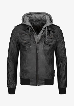 Zwart leren jack met een grijze hoodie-voering, ritssluiting aan de voorkant, twee borstzakken en zijzakken. Geribbelde manchetten en zoom.