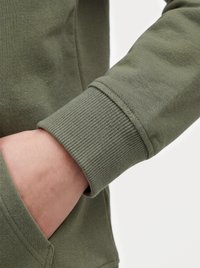 Person iført en olivengrøn langærmet sweatshirt med hånden indsat i en forlommer på tøjet.