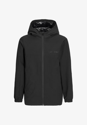 Giacca nera con zip e cappuccio, realizzata in tessuto liscio e opaco. Presenta polsini elastici e una fodera interna lucida, design minimalista senza motivi.