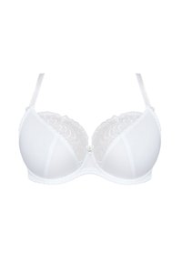 Witte bh met padded cups, kantdetails aan de bovenkant, verstelbare banden en een klein metallic logo aan de voorkant in het midden.