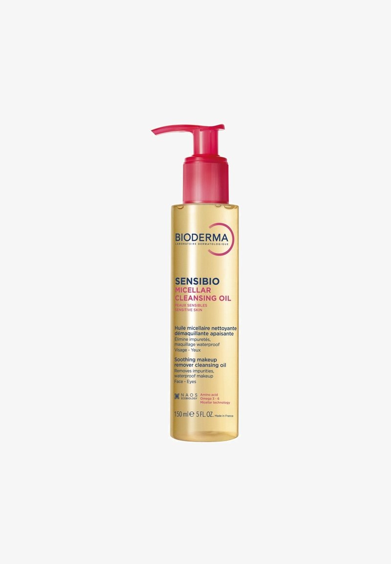 Huile micellaire démaquillante Bioderma Sensibio avec pompe rouge, pour peau sensible, élimine les impuretés et le maquillage waterproof, flacon de 150 ml.