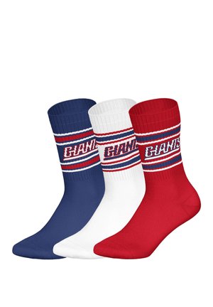 Drei Paar Crew-Socken in Blau, Weiß und Rot. Jede hat eine gerippte Bündchen und ein markantes "GIANTS"-Logo mit gestreiften Akzenten.