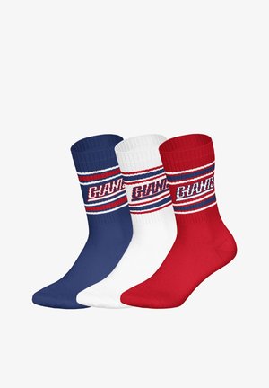 Three pairs of crew socks in blue, white, and red. Each features a ribbed cuff and a bold "GIANTS" logo with striped accents.