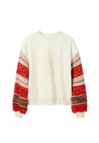 Kremowa bluza z długimi, teksturowanymi czerwonymi rękawami w wzory, z okrągłym haftowanym wzorem z przodu. Rybkowy dekolt i dół.