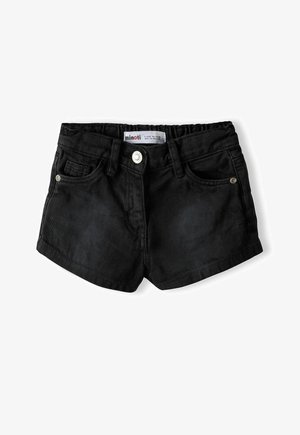 Czarne szorty dżinsowe o luźnym kroju, z żebrowanym pasem, przednimi kieszeniami i metalowymi akcentami na guzikach. Gładka faktura i prosty design.