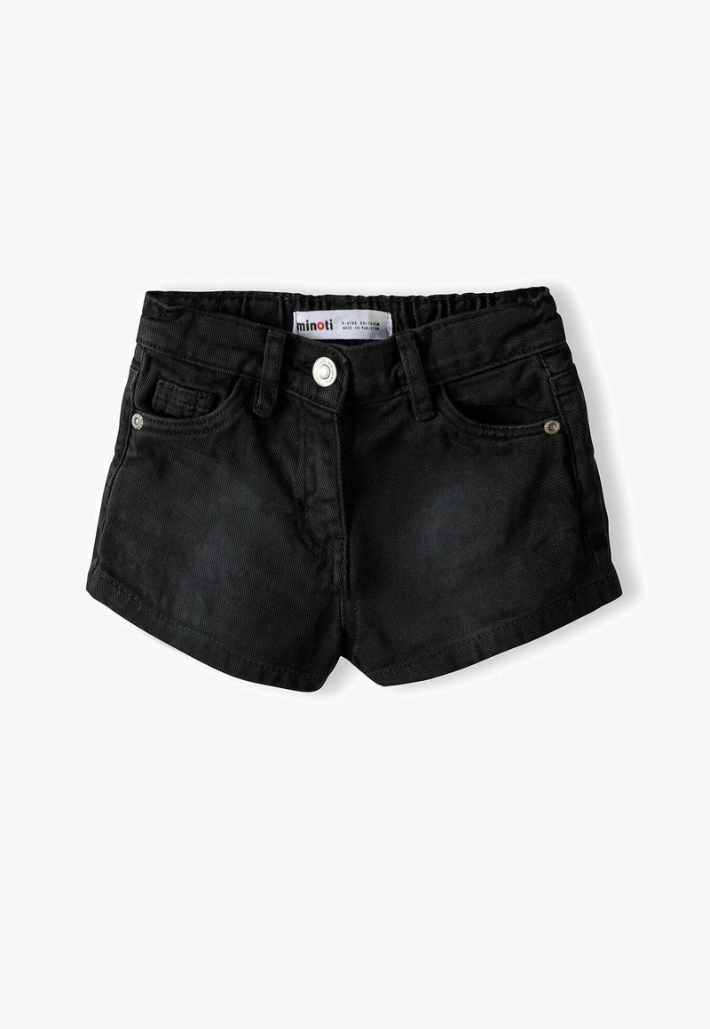 Mustat farkkushortsit, joissa on rento istuvuus. Niissä on ribatty vyötärö, etutaskut ja metallinappikoristeet. Sujuva pinta ja yksinkertainen muotoilu.