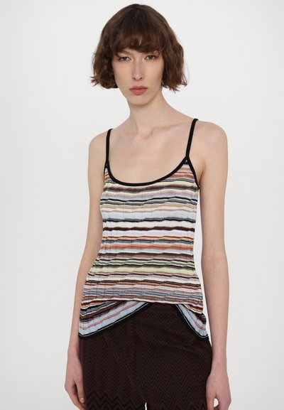 Multicolored tank top featuring horizontal stripes in shades of orange, blue, green, and black with a black trim; textured fabric and fitted design.