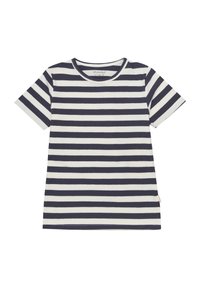 Gestreiftes Baumwoll-T-Shirt mit horizontalen navyblauen und weißen Streifen, kurzen Ärmeln und einem runden Halsausschnitt, der ein sichtbares Markenetikett an der Seite hat.