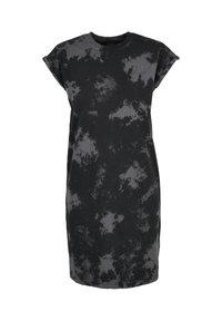 Robe noire à manches courtes avec revers roulés et motif tie-dye gris sur toute la surface, longueur au genou et en tissu doux.