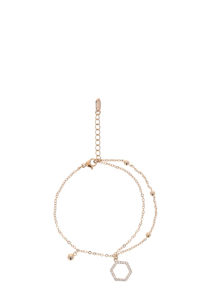 Arany színű karkötő, finom lánccal, hexagonális charm-mal, amelyet rhinestone-ok díszítenek, és kisebb gömb alakú kiegészítőkkel. Hosszának állítása lehetőség van, csattal záródik.