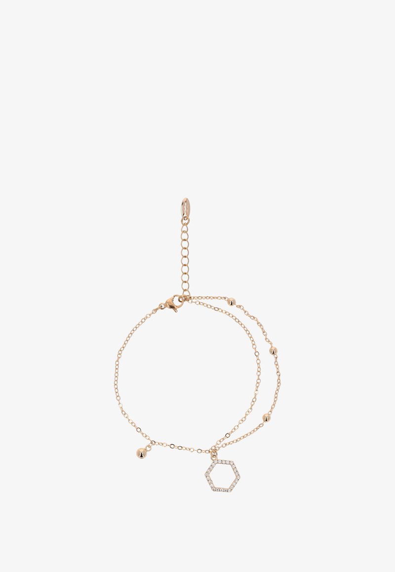 Arany színű karkötő, finom lánccal, hexagonális charm-mal, amelyet rhinestone-ok díszítenek, és kisebb gömb alakú kiegészítőkkel. Hosszának állítása lehetőség van, csattal záródik.